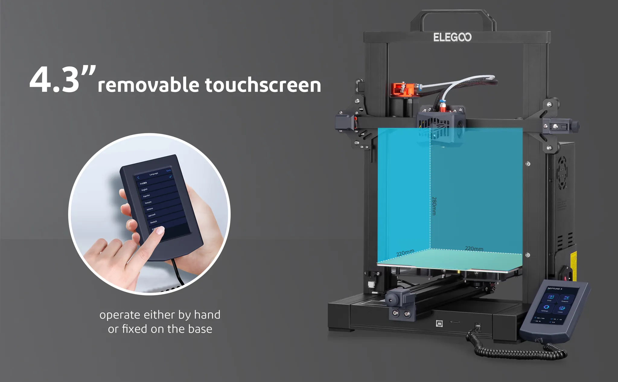 Elegoo Neptune 3 FDM 3D Printer 4.3 inch removable touch screen