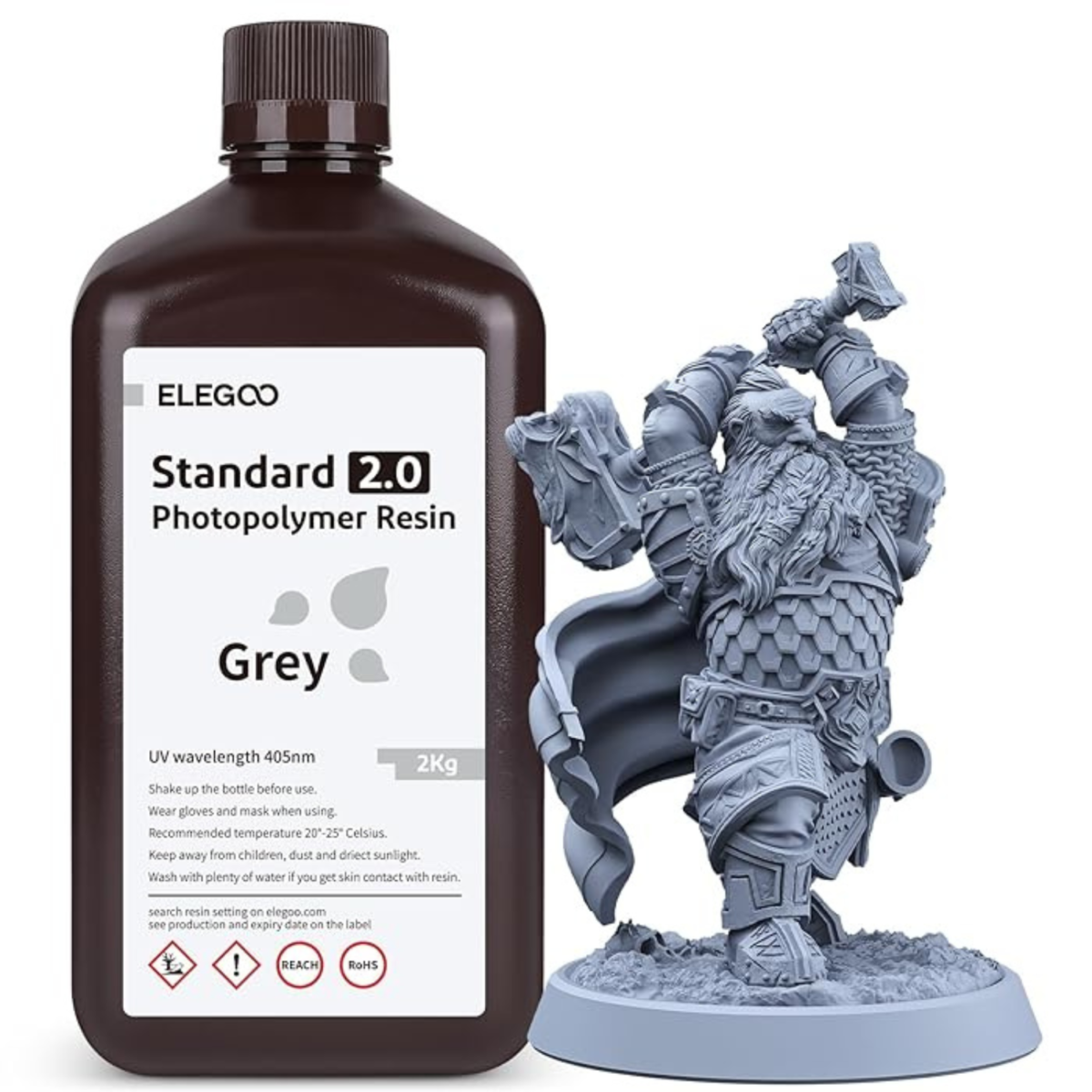 ELEGOO Standard Photopolymer 2.0 Resin Grey Colour 2 Kg: Achieve High-Precision 3D Prints with Smoothness, Durability, and Value in Larger Bottles!