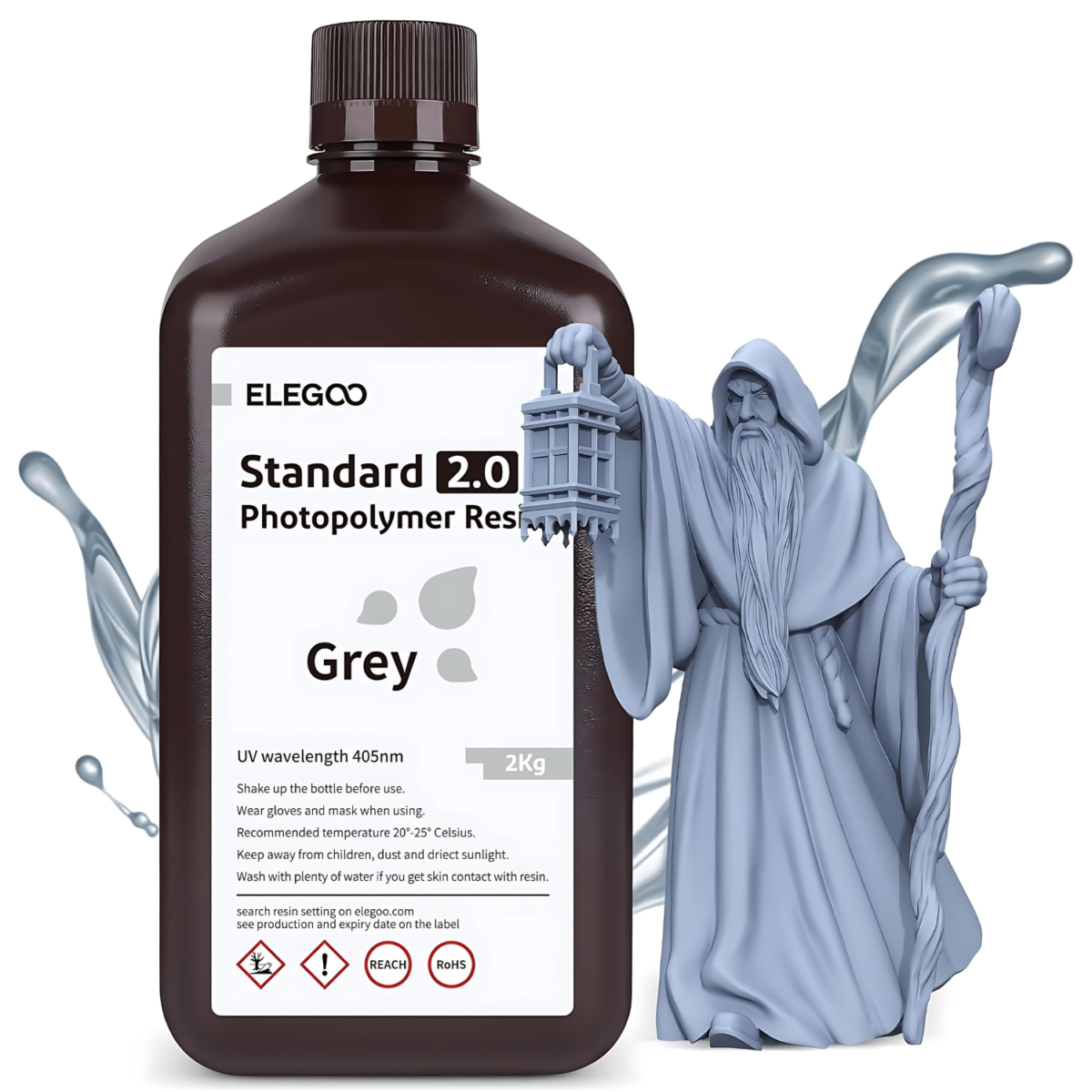 ELEGOO Standard Photopolymer 2.0 Resin Grey Colour 2 Kg: Achieve High-Precision 3D Prints with Smoothness, Durability, and Value in Larger Bottles!