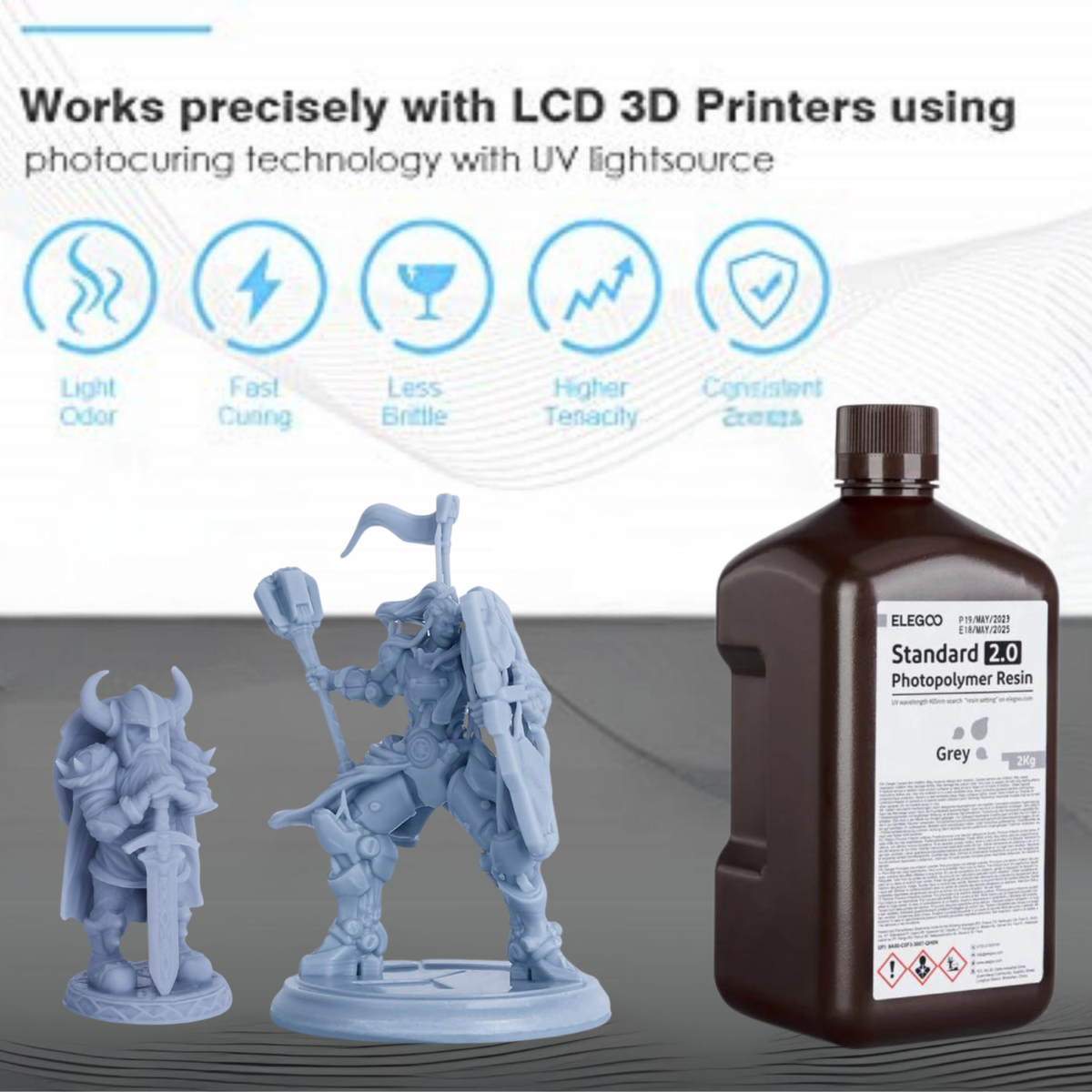 ELEGOO Standard Photopolymer 2.0 Resin Grey Colour 2 Kg: Achieve High-Precision 3D Prints with Smoothness, Durability, and Value in Larger Bottles!