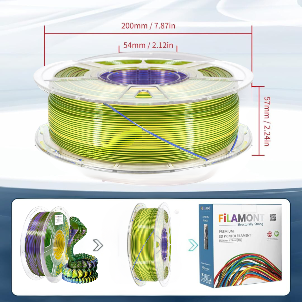 Filamont Silk Tri Color Emerald Green, Purple, Yellow 3D Printer Filament