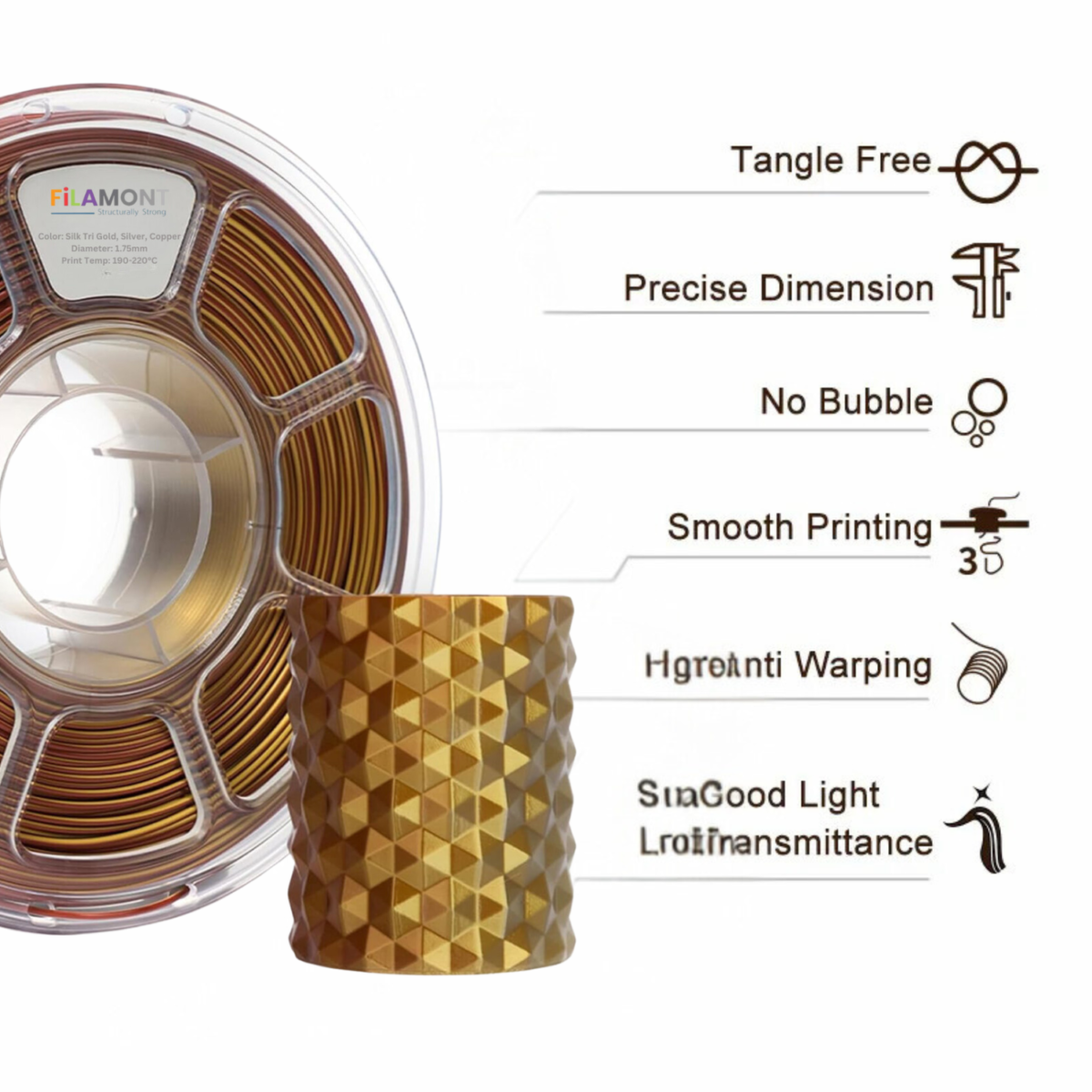 Filamont Silk Tri Color Gold, Silver, and Copper 3D Printer Filament