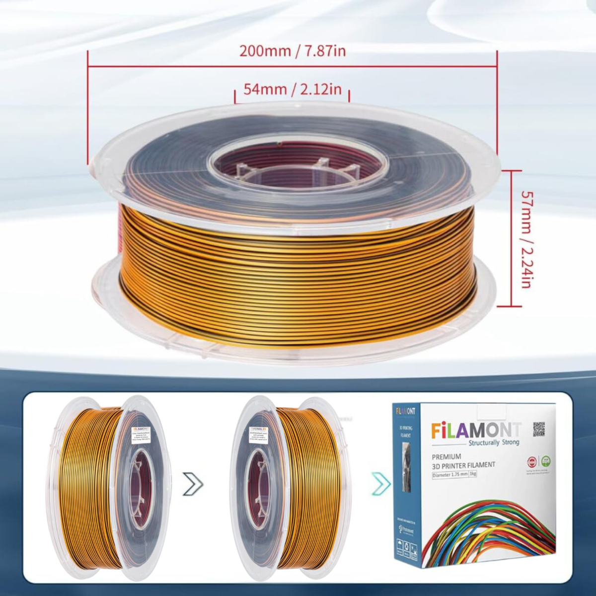 Filamont Silk Tri Color Red, Gold, and Black 3D Printer Filament