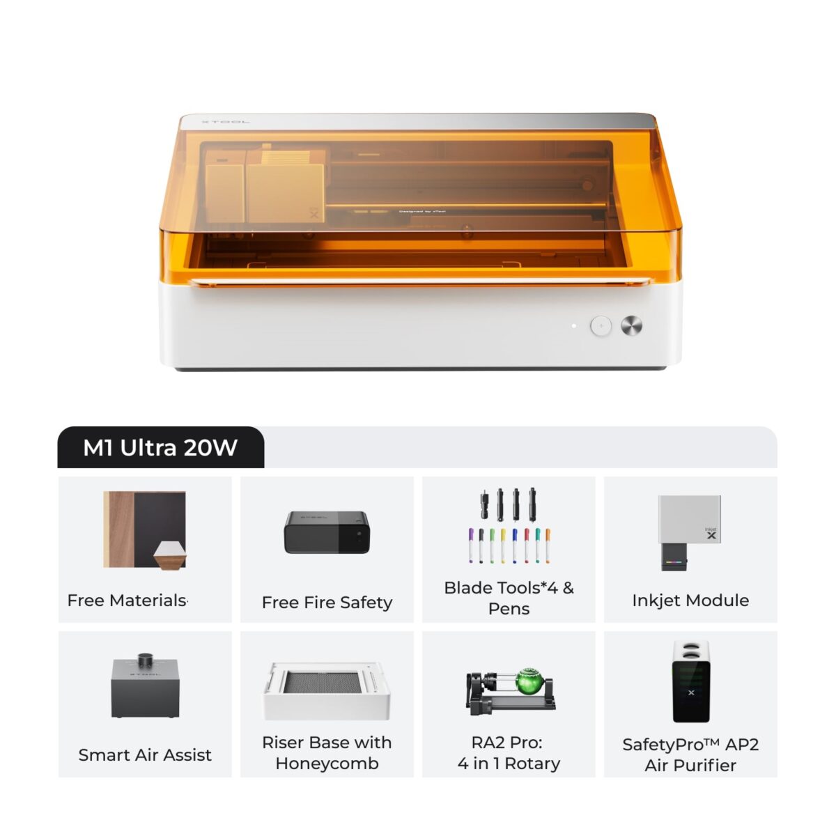xTool M1 Ultra 20W 4-in-1 SafetyPro Bundle – Professional-Grade Laser Cutter, Blade Cutter, Inkjet Printer & Engraver
