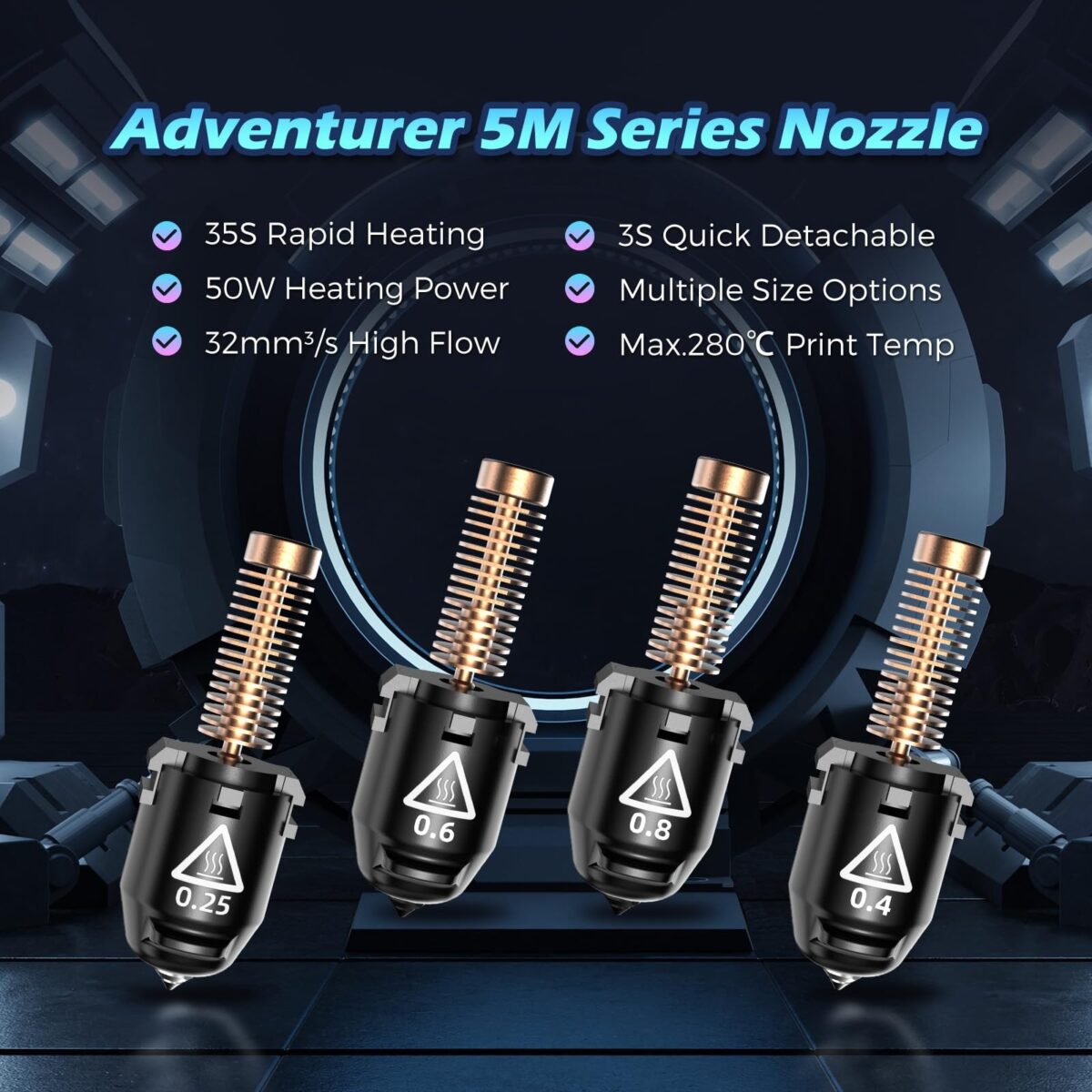 FLASHFORGE Adventurer 5M Pro Nozzle Assembly – High Flow, Hardened Steel (0.4mm / 0.6mm / 0.8mm) – 280℃, 32mm³/s, for High-Speed & High-Strength Filament Printing - Image 2